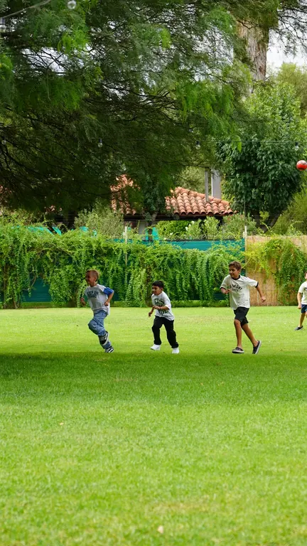 Chicos jugando en el césped del jardín en verano